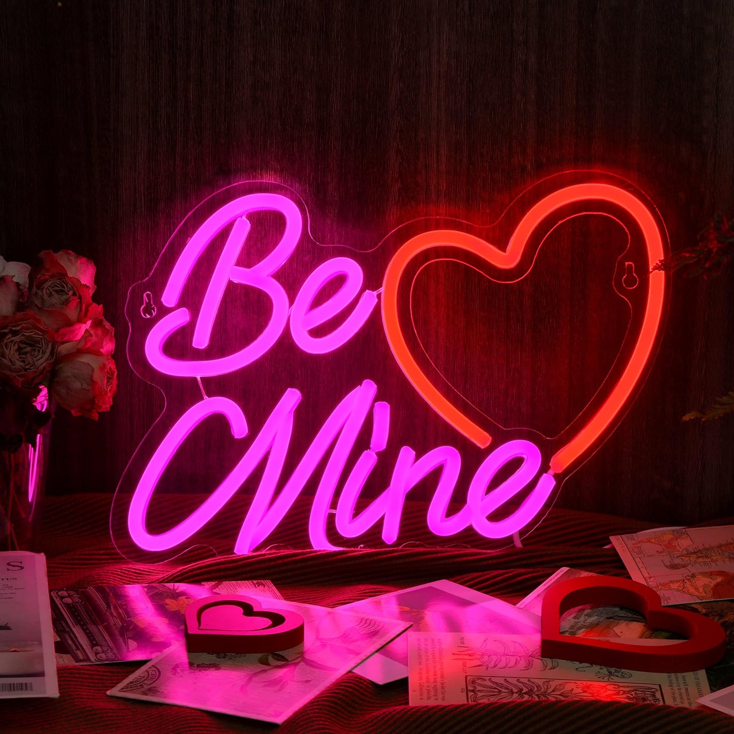Huquary Valentine's Day Be Mine Neon Sign Heart Neon Sign 15.8 x 8.9 Inch Valentines LED Window Light USB Powered for Wedding Engagement Wall Art Decor
