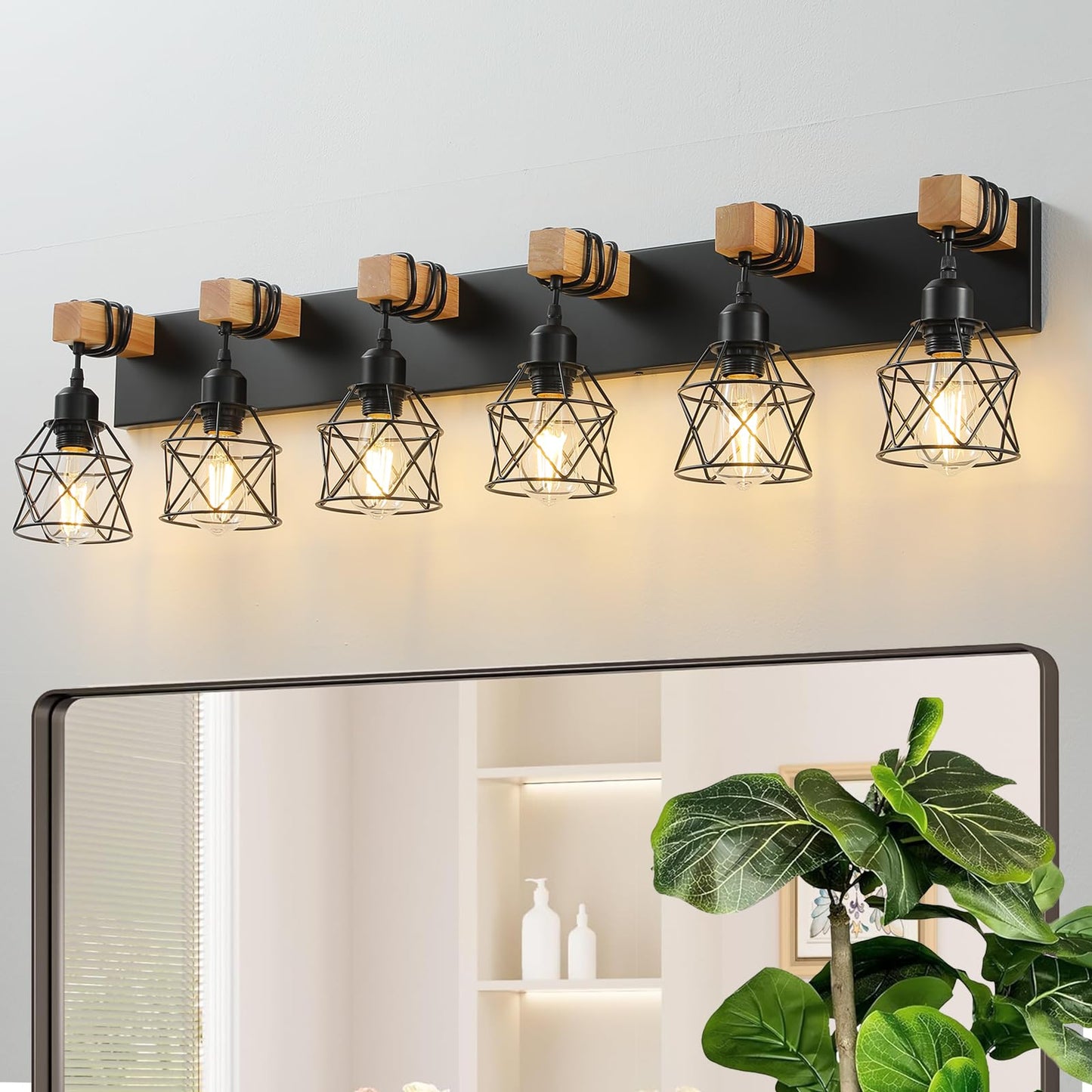 Farmhouse Vanity Light Fixture 6-Light Bathroom Lighting Black Industrial Wood Wall Light Over Mirror With Metal Shade Led Bulbs Not Included