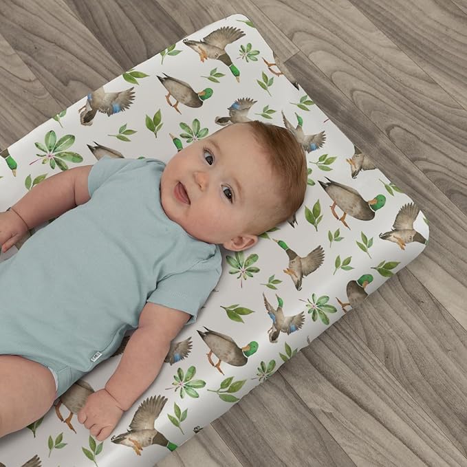 Wild Ducks Green Leaves Changing Pad Covers for Baby Girl Boy Green Mallard Ducks Fitted Change Table Cover Mats Duck Hunting Animals Soft Diaper Changing Table Sheets 32''×16''