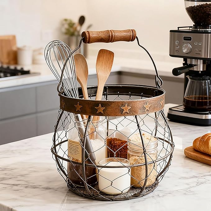 TAIANLE. Wire Egg Basket for Gathering Fresh Eggs with Handle, Metal Chicken Egg Collecting Basket for Coop, Rustic Farmhouse Kitchen Countertop Storage Basket Farmhouse Holder Organizer Easter
