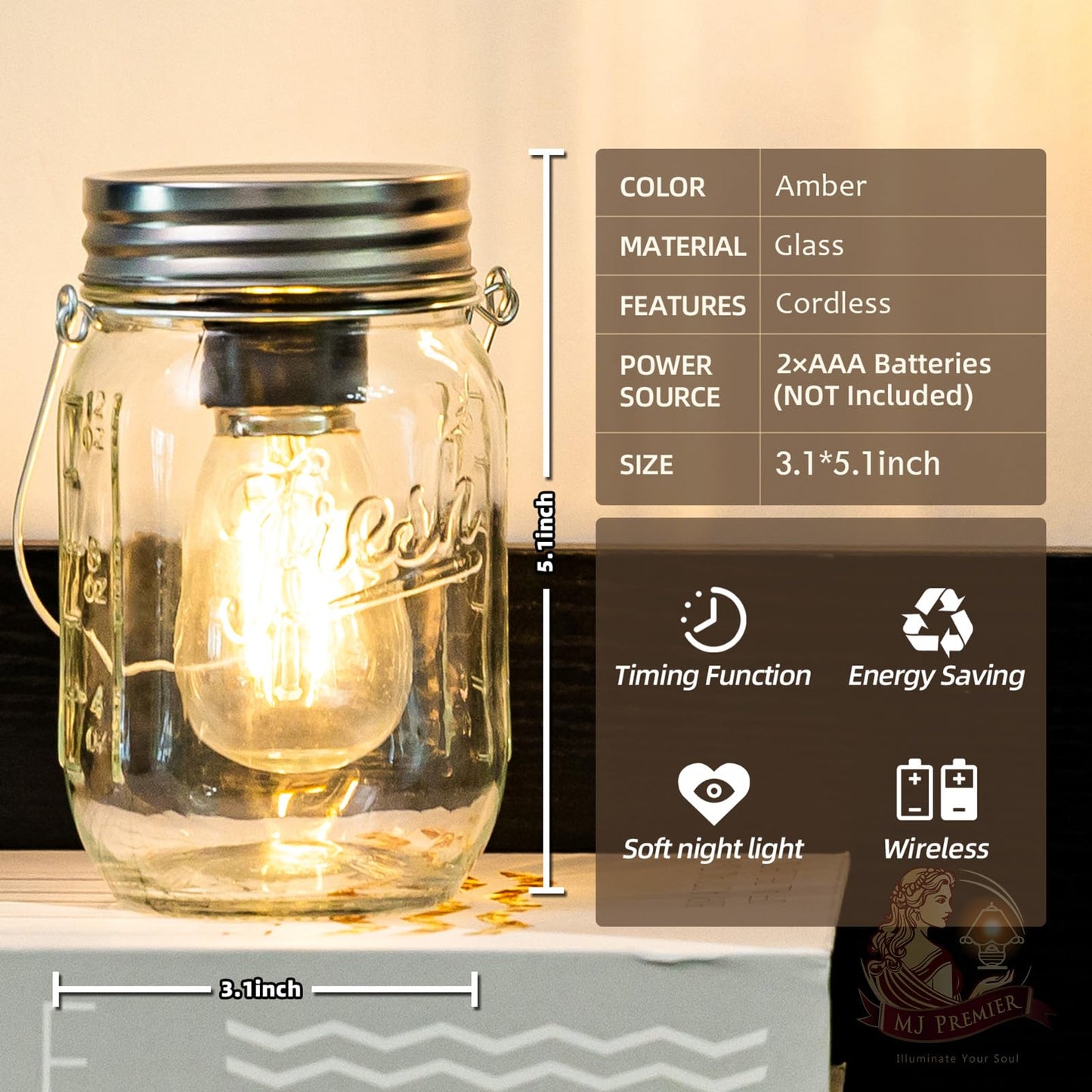 MJ PREMIER Mason Jar Lights 2-Pack, Battery Operated, LED, With Timer, Transparent Glass, Model 0813