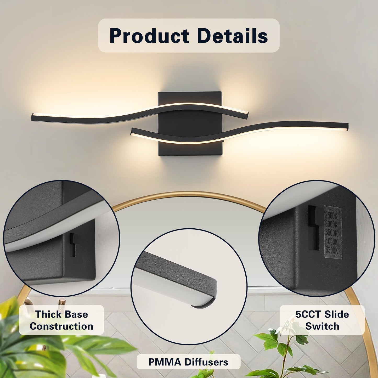 Joossnwell Vanity Light for Bathroom Lighting Fixtures Over Mirror Black Dimmable 5CCT Vanity Lighting Fixture Modern Bath Vanity Lights Bar 23 Inch Led Bathroom Sconces