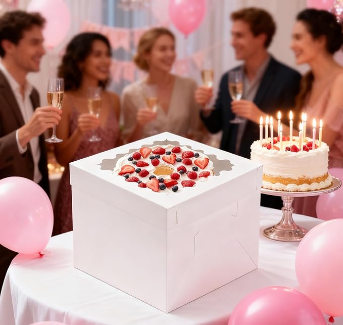 4pcs 12 Inch Tall Cake Boxes, 12x12x10in White Bakery Boxes for Tier Cakes with Window,10in 12in Baking Boxes,Large Cardboard Bakery Take Out Carrier Containers with Lids