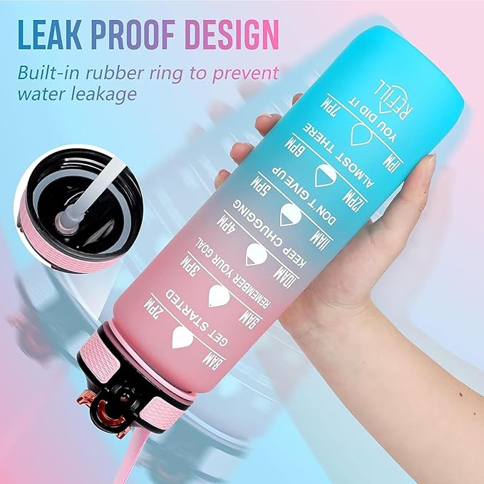 Bulldog Dog 32 oz Water Bottle with Times Marker to Drink and Straw, Carrying Strap, Leakproof Tritan BPA-Free, Ensure You Drink Enough Water for Fitness, Gym, Camping, Outdoor Sports