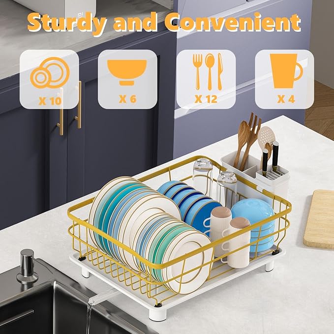 Iron Dish Drying Rack with Drainboard Dish Drainers for Kitchen Counter Extendable Spout Strainers with Utensil Holder and Knife Slots, Gold