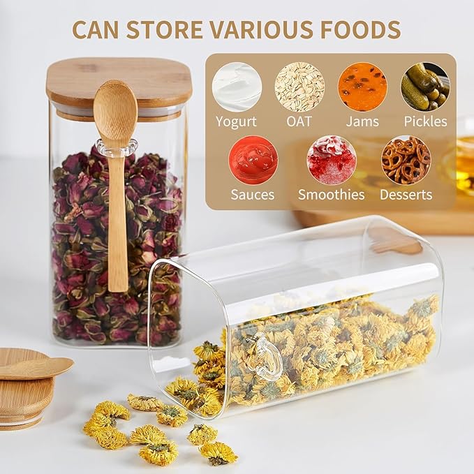 Unbreakable - Glass Jars with Airtight Bamboo Lid and Spoon, 4Pcs 39OZ Overnight Oats Containers, Kitchen Canisters, Glass Food Storage Containers for Coffee Beans, Flour, Sugar, Cookie,Pasta