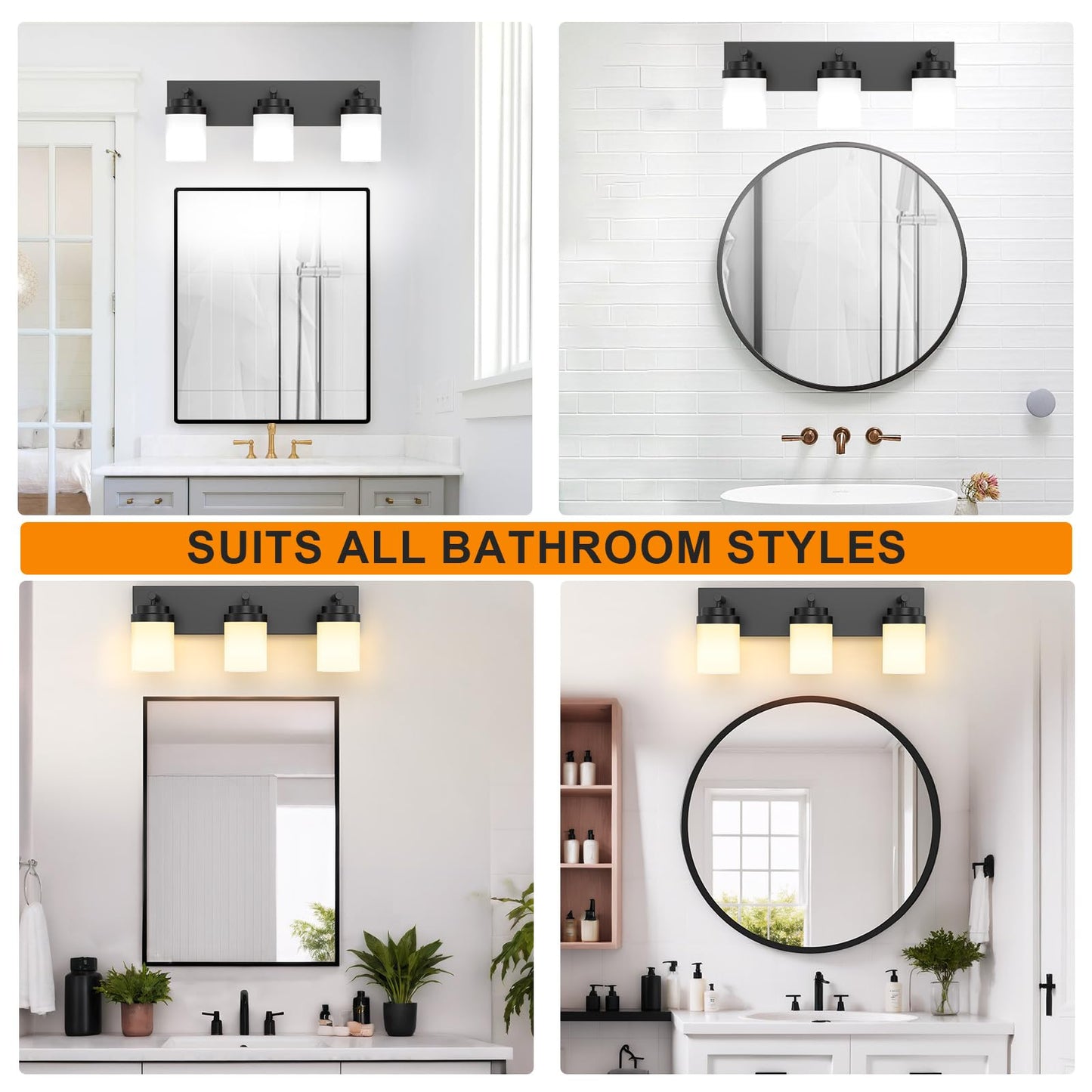 Izorro Bathroom Vanity Light Fixture  3-Light 22 Inch Matte Black Bathroom Light Fixtures Over Mirror  With White Glass Shade  Modern Farmhouse Vanity Lights  Rustic Restroom Lighting Fixtures