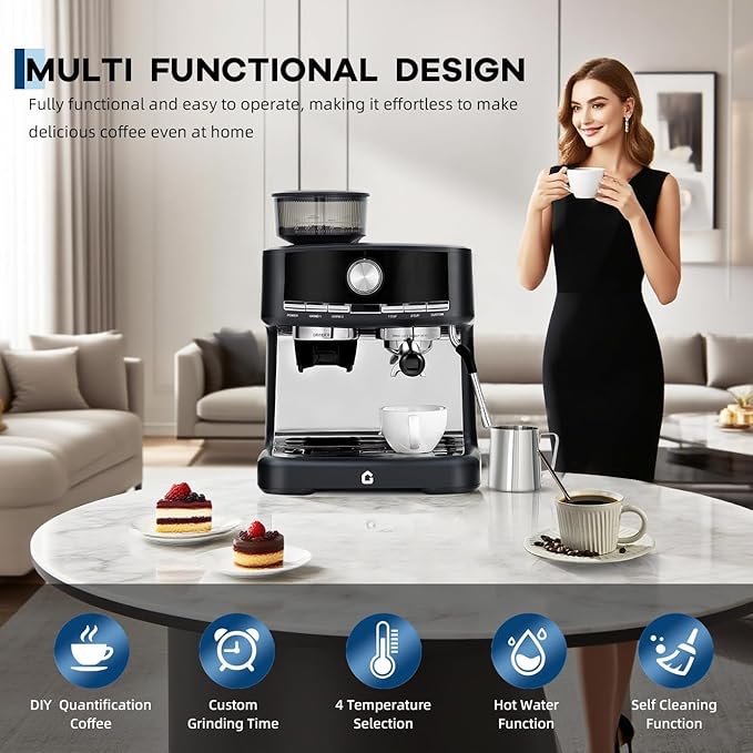 20 Bar Pressure Stainless Steel Espresso Machine with Grinder, 1.5l Removable Water Tank, Milk Frother Steam Wand for Latte and Cappuccino, Adjustable Shot Volume,Black