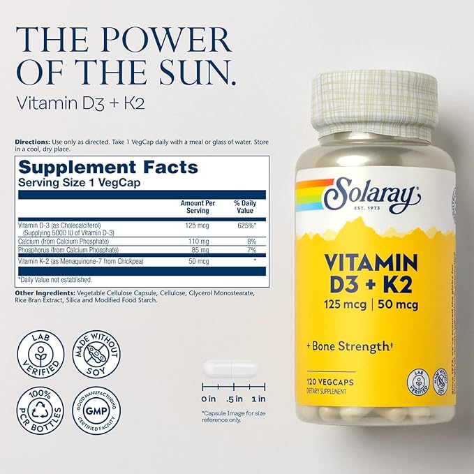 SOLARAY Vitamin D3 K2 - Bone Health and Immune Support Supplement - With 5000 IU Vitamin D as Vit D3 and 50 mcg Vitamin K2 as Menoquinone MK7, Made Without Soy, 60-Day Guarantee, 120 Serv, 120 VegCaps