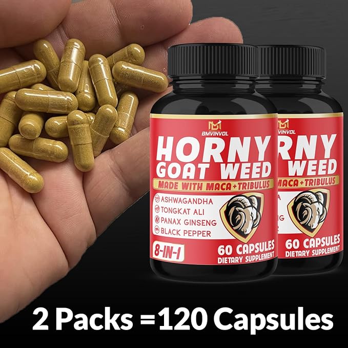 BMVINVOL (2 Packs) Horny Goat Weed Capsules with Maca, Tribulus, Ginseng. Ashwagandha,Tongkat Ali - 8-in-1 for Support Energy Levels