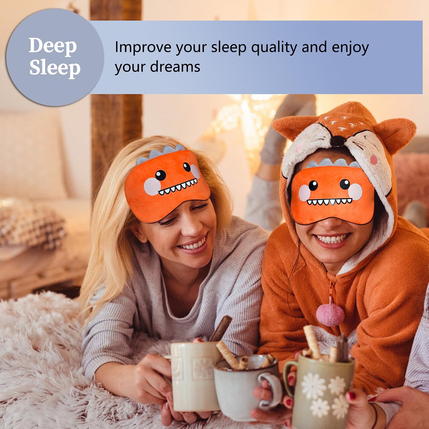Mezeic Cute Sleep Masks Cartoon Dinosaur Eye Mask Plush Sleeping Mask & Travel Blindfold - Funny Novelty Eye Shade for Women Men (Orange Dinosaur)