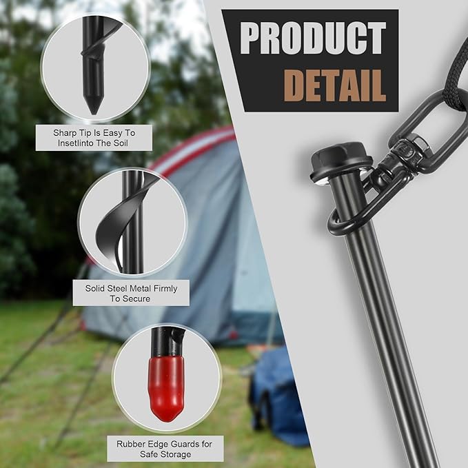 Reginary 12 Inch Tent Stakes Heavy Duty Screw in Ground Anchors High Wind Camping Stakes for Trampoline Canopy Carport Sheds Anchor Beach Sand Stakes Metal Swing Set(Black,12 Pcs)