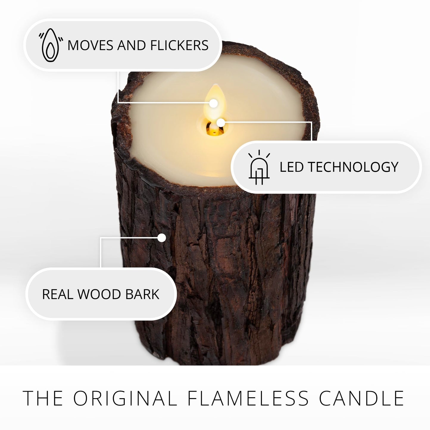 Luminara Real Bark Flameless LED Candle, Ivory 3.5" x 6.5", Moving Flame Battery Operated with Timer, Realistic Wax Pillar for Home Decor, Indoor Safe