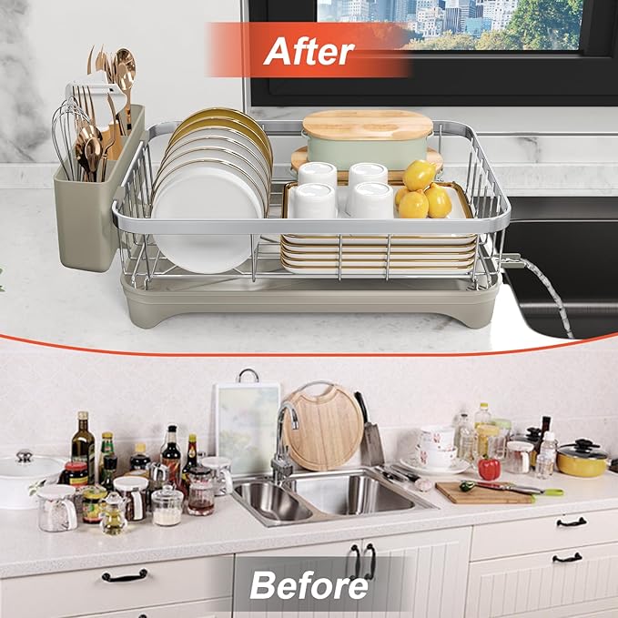 Dish Drying Rack - 304 Stainless Steel Dish Rack with Utensil Holder & Adjustable Spout, Space-Saving Organizer, Large Capacity for Bowls, Dish Drainer with Drainboard, Grey