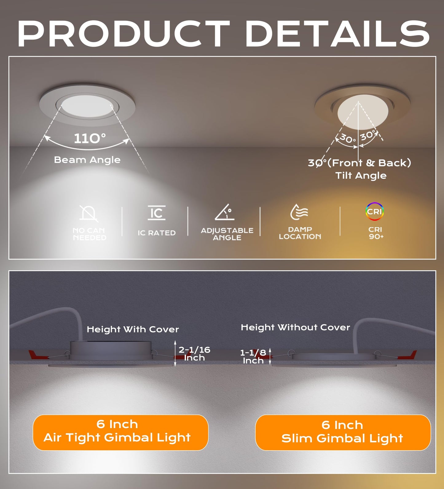 CLOUDY BAY 15W 6 Inch Swivel LED Gimbal Recessed Light, 5 Color Temperature Selectable, IC Rated, White, Pack of 4