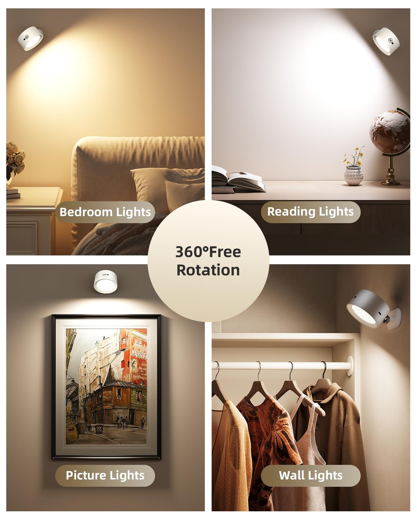 AMETHEUS LED Wall Mounted Lights, Rechargeable, 3 Color Temperatures, Dimmable, 3 Pack, White, Model WL02