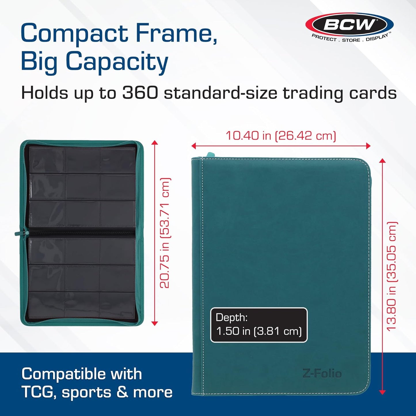 BCW Z-Folio 9-Pocket LX Album - Teal | Secure Zipper Card Organizer | Premium Leatherette Card Collection Binder | Trading Card Binder for Pokemon, MTG, Sport Cards and More