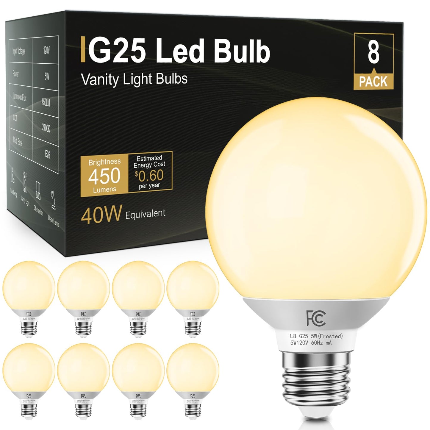 TJOY G25 LED Globe Light Bulbs 40W Equivalent 2700K Warm White E26 Base 450LM Non-Dimmable 8 Pack