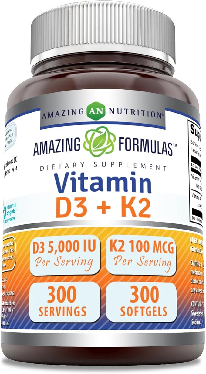 Amazing Formulas Vitamin D3 5000 IU with Vitamin K2 100 Mcg | D3 + K2 Complex Supplement | Softgels | Non-GMO | Gluten-Free | Made in USA (1 Pack, 300 Count)