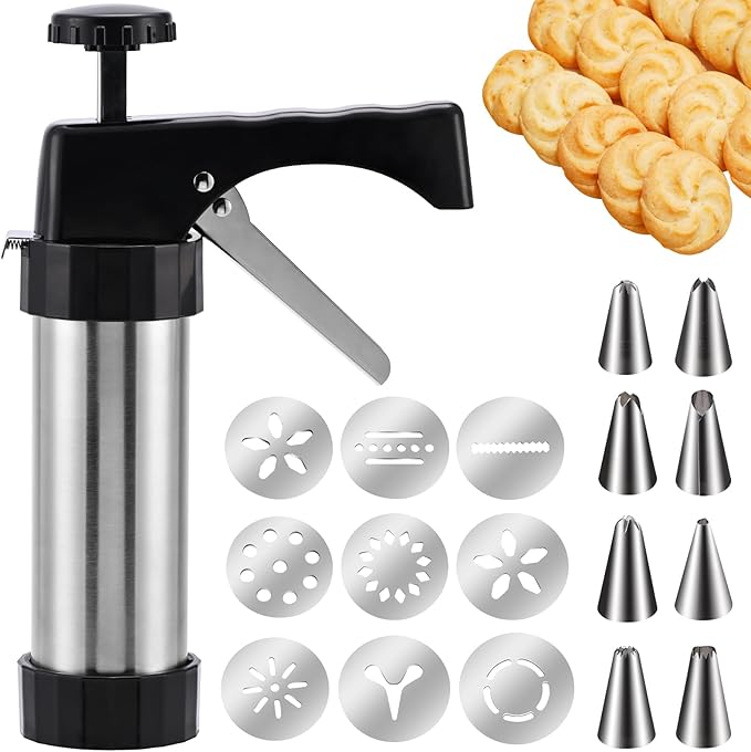 Stainless Steel Cookies Press,Cookie Press Gun Kit with 13 Cookie Discs and 8 Piping Tips for DIY Christmas Cookies Maker
