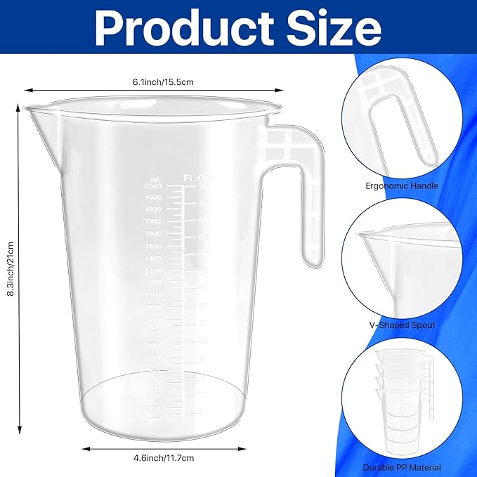 4 Pack 2 Liter Plastic Graduated Measuring and Mixing Pitcher, Aemygo Clear 1/2 Gallon Measuring Cups with Handle, Multipurpose Pouring Cup for Paint, Resin, Epoxy, Kitchen Cooking Baking Ingredients