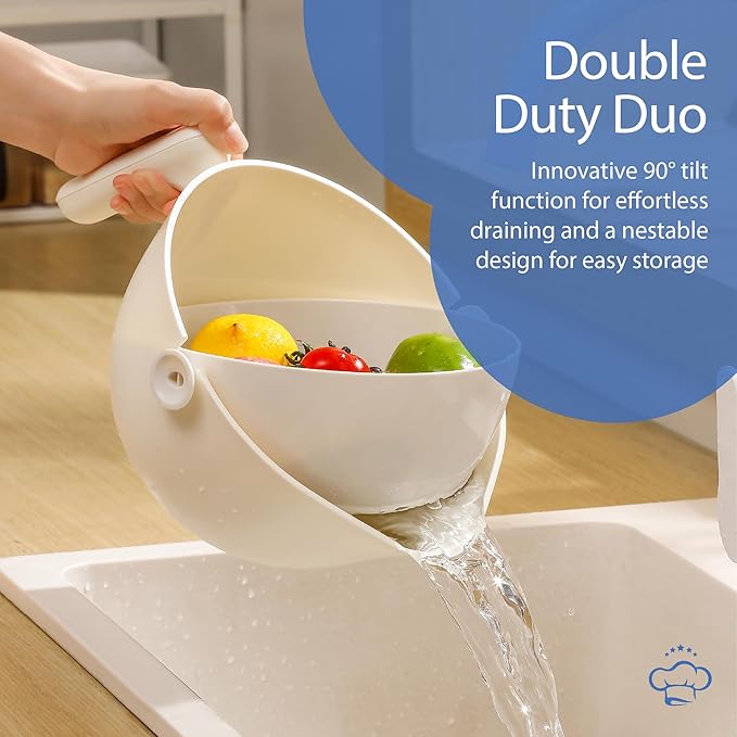Chef's Path 2 in 1 Kitchen Strainer and Colander for Kitchen, Multifunctional Food Strainer Set, BPA Free Plastic Colander with Handle, Pasta Drainer, Veggie and Fruit Cleaner - White