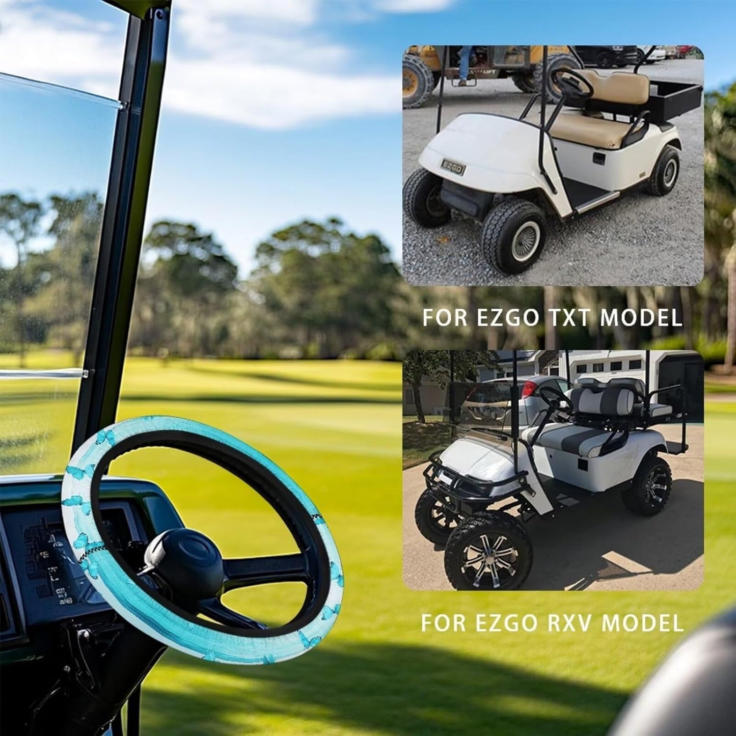 Blue Butterfly Golf Cart Steering Wheel Cover Tropical Beach Stretchable Anti-Slip 13-14 Inch Golf Cart Steering Wheel Covers, Breathable Club Car Accessories Universal Fit