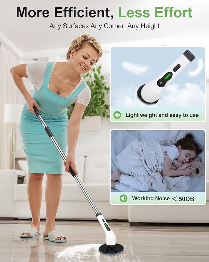 Electric Spin Scrubber, Cordless Cleaning Brush, Shower Scrubber with 9 Floor Machine Pads, 2H Power Dual Speed, Adjustable Extension Handle, IPX7 Waterproof for Floor Carpet Tub Tile Car, O-White.