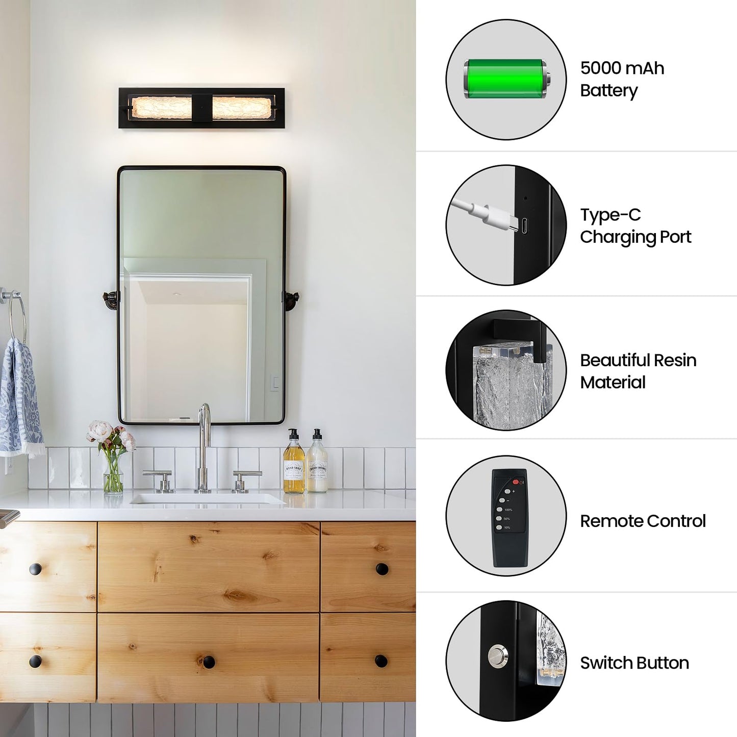 Battery Operated Resin Wall Sconce - Wireless Rechargeable Black Wall Light Dimmable Led Remote Wall Sconces Lighting Modern Cordless Vanity Light Fixtures No Wiring For Living Room Bedroom Bathroom
