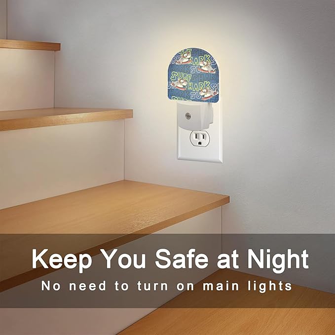 Cartoon Surfing Sharks Night Light, Cool Cute Shark Dusk to Dawn Night Light Plug in,0.5w Energy Saving Sleep Friendly Nightlights for Kids Boys Girls Home Decor