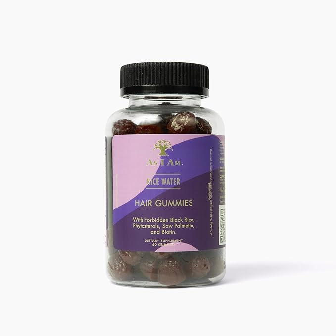 As I Am Rice Water Hair Gummies, 60 Count, 30 Day Supply - with Forbidden Black Rice, Phytosterols, Saw Palmetto, Biotin, Phytonutrients, Essential Vitamins and Minerals.