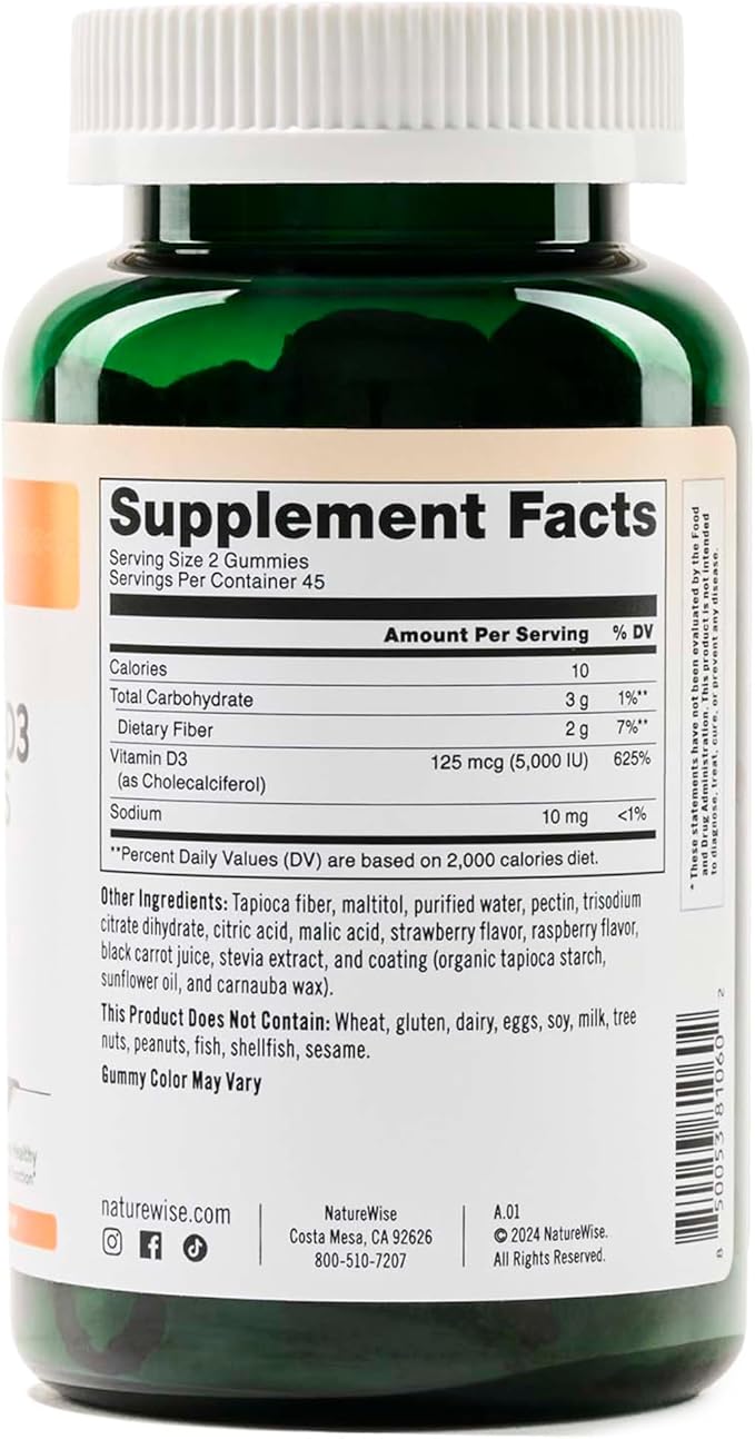 NatureWise Vitamin D3 5000 IU Gummies - Sugar-Free Mixed Berry Flavor - Vitamin D Gummies for Adults, Supports Immunity, Muscle & Bone Strength -Gelatin-Free, Non-GMO - 90 Gummies[45-Day Supply]