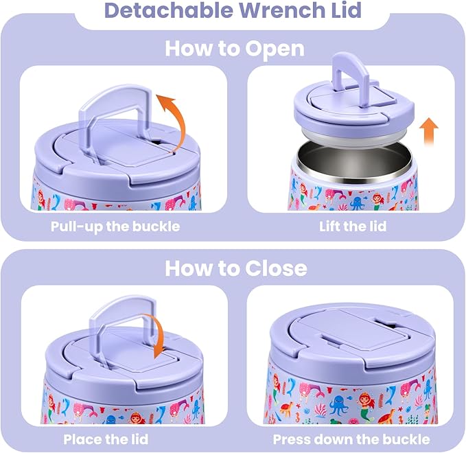 Kids Thermo for Hot Food, 14oz Insulated Soup Jar, Stainless Steel Lunch Box with Leakproof Lid & Spoon, Vacuum Insulated Bento Container (Mermaids Purple)
