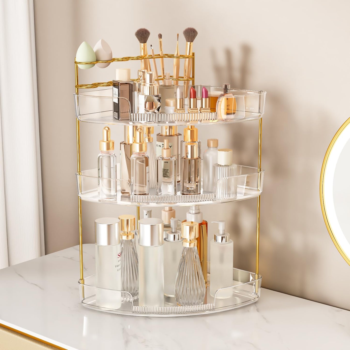 FELIZHOUSE 3-Tier Makeup Organizer for Vanity & Bathroom Countertop - Acrylic Storage Shelf with Perfume Tray & Makeup Brush Hol