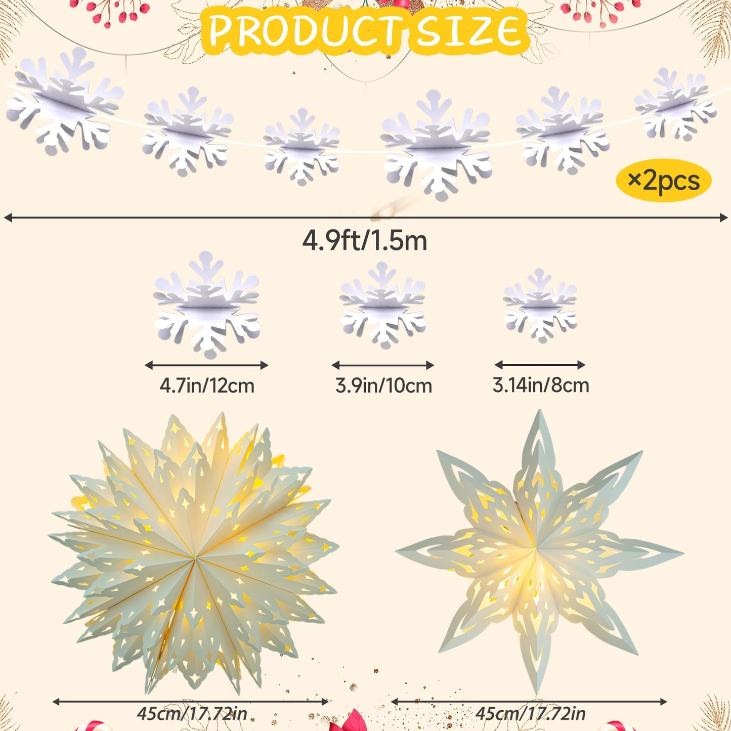 Christmas Snowflake Paper Lanterns  2 Pcs Christmas Paper Star Lanterns With Led Lights Large White Hanging Decorations For Xmas Tree New Year Winter Frozen Weddings Birthday Holiday Party Decor