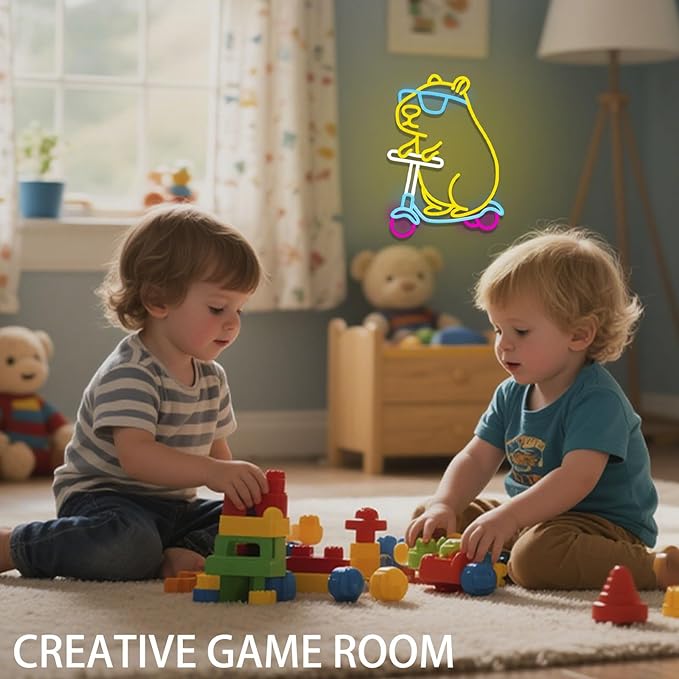 Cool Capybara Neon Sign, Dimmable Cute Animal with Shades on a Scooter, Lemon Yellow Capybara LED Lights for Wall Decor, Bedroom, Game Room, Kids Room, Birthday Party Decor, Teen Gifts
