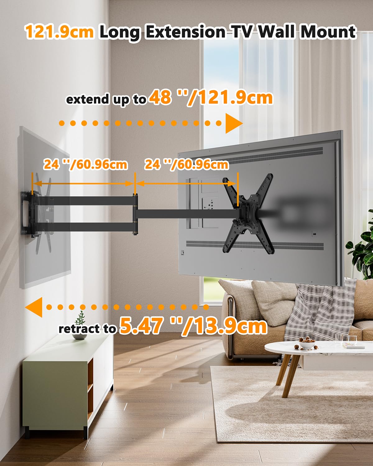 WHYFONE 48'' Extension Long Arm Rotating TV Wall Mount Heavy Duty, Landscape to Portrait Full Motion TV Mount Vertical for 26''-65'' Screens, VESA 400x400mm,16''Wood Stud/Concrete/Brick Wall