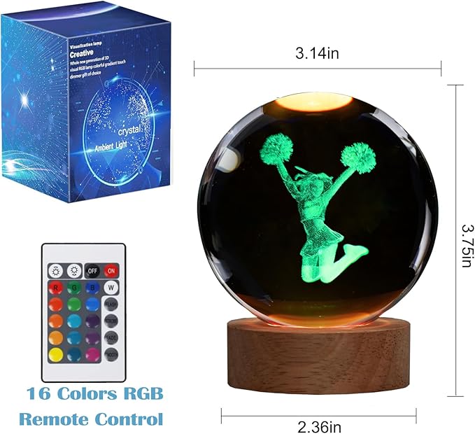 Cheerleader Crystal Night Light, Cheerleader Gifts, K9 3.15 Inch(80mm) Crystal Ball Night Light with 16 Colors Remote Upgraded Lamp for Birthday Xmas Cheering Squad Gifts for Room Decor Girls