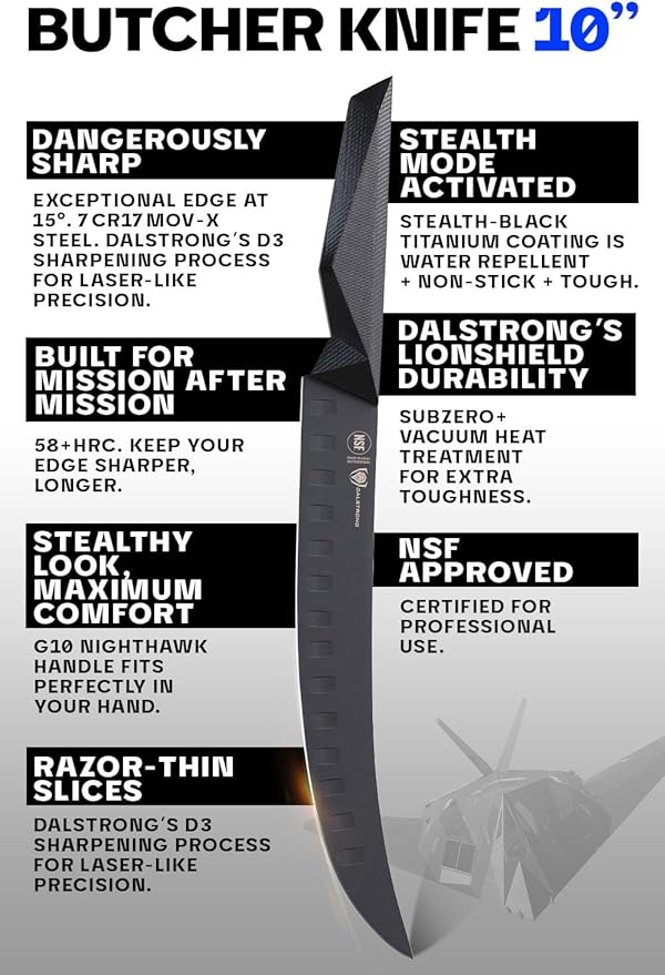 Dalstrong Butcher Knife - 10 inch - Shadow Black Series - Black Titanium Nitride Coated - High Carbon 7CR17MOV-X Vacuum Treated Steel - Breaking Kitchen Knife - Sheath - Slicing Knife - NSF Certified