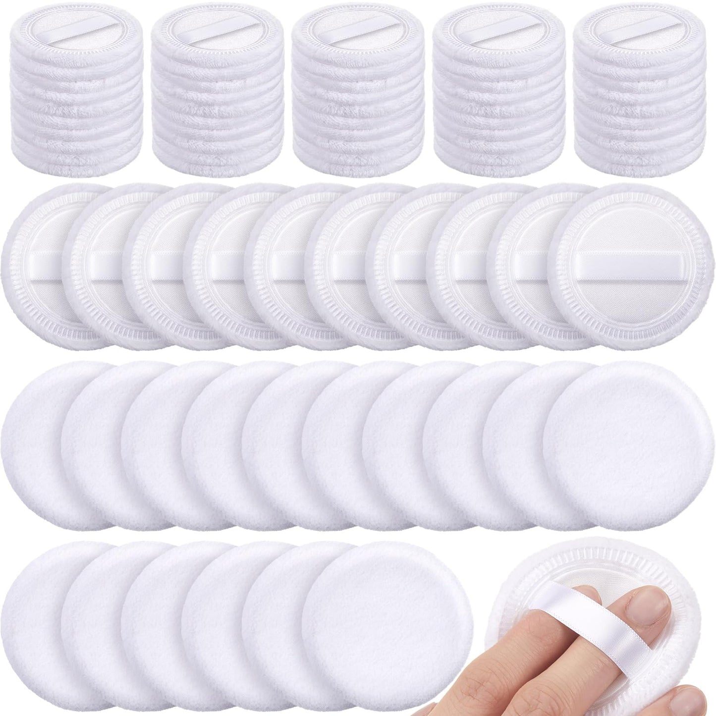 SiliFine 100 Pcs Cotton Powder Puff Washable 2.36 Inch White Round Cosmetic Face Powder Makeup Puffs with Ribbon Body Cosmetic