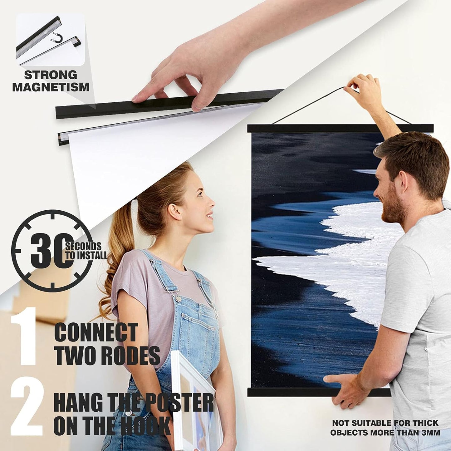 Ywlake Magnetic Poster Hanger, 34x22.5 34 x 22 34x24 Poster Frame Wood Wooden Magnet Print Posters Dowel Scroll Hanger Hangers Hanging Kit for Walls Map Canvas Artwork (Black, 34")