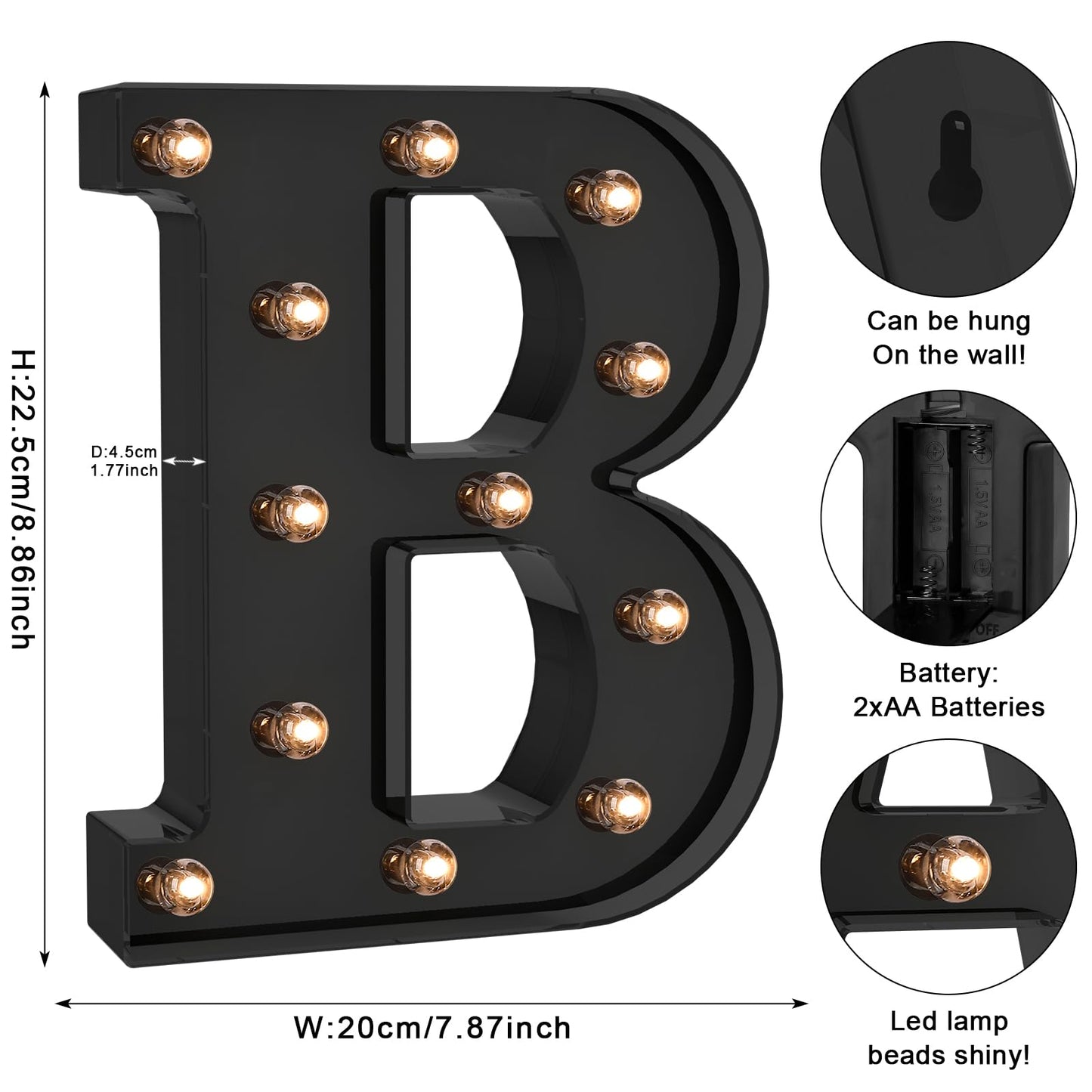 Foaky LED Letter Lights - Black Alphabet Decor, Battery Operated, Model B, Plastic for Bedroom, Wedding, Party