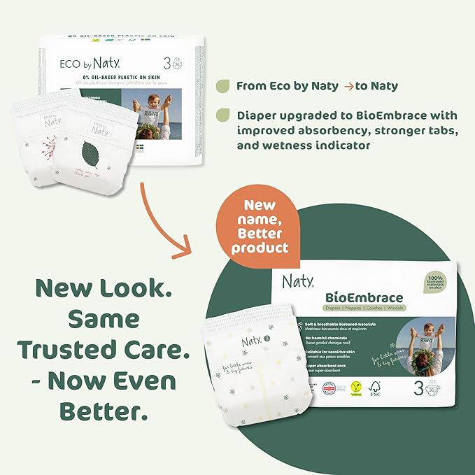 Naty BioEmbrace Baby Diapers Size 3 (9–20 lbs) | 100% Biobased on Skin | Plant-Based Softness | Dermatologically Tested, Super Absorbent | 180 Count