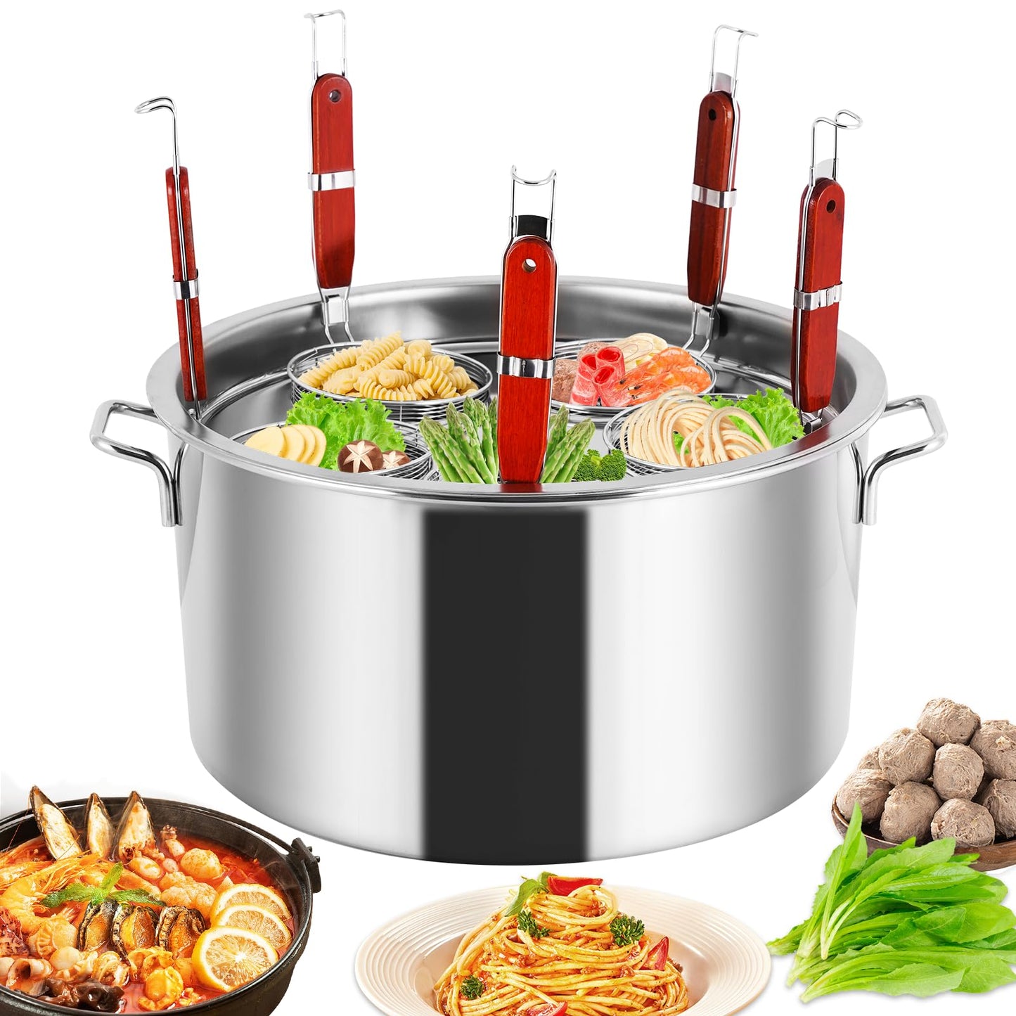 YJINGRUI Commercial Pasta Pot, 39 Quart, Stainless Steel Pasta Cooker with Insert Strainer Colander for Home Kitchen Restaurant, 5 Holes