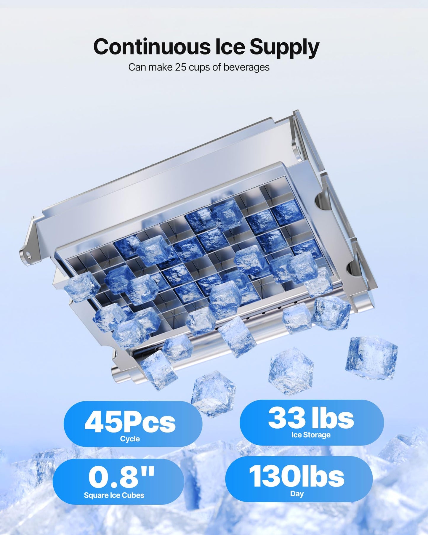Vevor Commercial Ice Maker Machine, 130Lbs/24H With 33Lbs Storage, 45 Cubes Per Cycle, Stainless Steel Freestanding & Under Coun