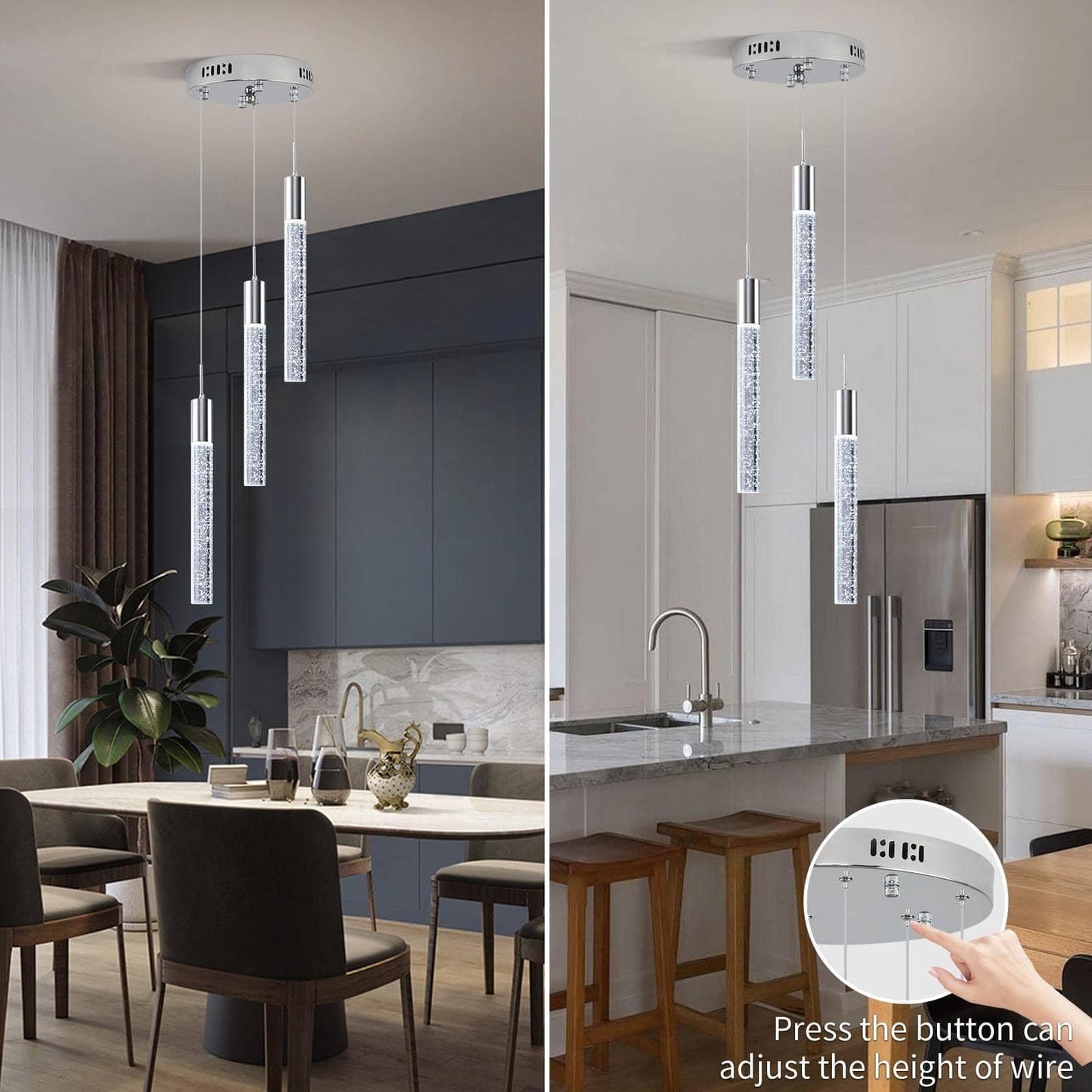 Upfelw Modern Crystal Chandelier, 3-Light LED Pendant Light, Remote Control, Chrome, Model UCC-S07-1212