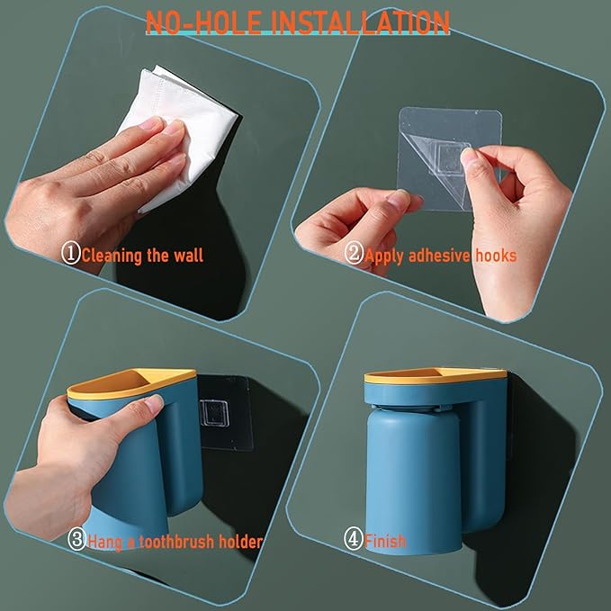 Toothbrush Holder Wall Mounted with Cup,2-in-1 Toothbrush Holders & Cups Set,Inverted Design for Easy Cleaning and draining,Stick-on Toothbrush Holder for Bathroom (Blue+Orange)