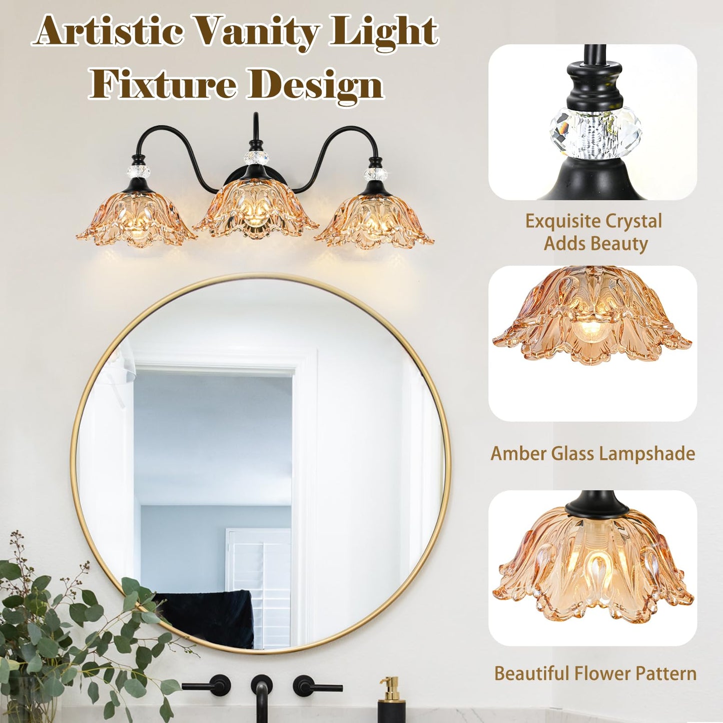 Sunkryster Black Bathroom Vanity Light 3-Light Vanity Light With Floral Amber Glass Shades Vintage Farmhouse Wall Mount Lighting For Bathroom  Dressing Table