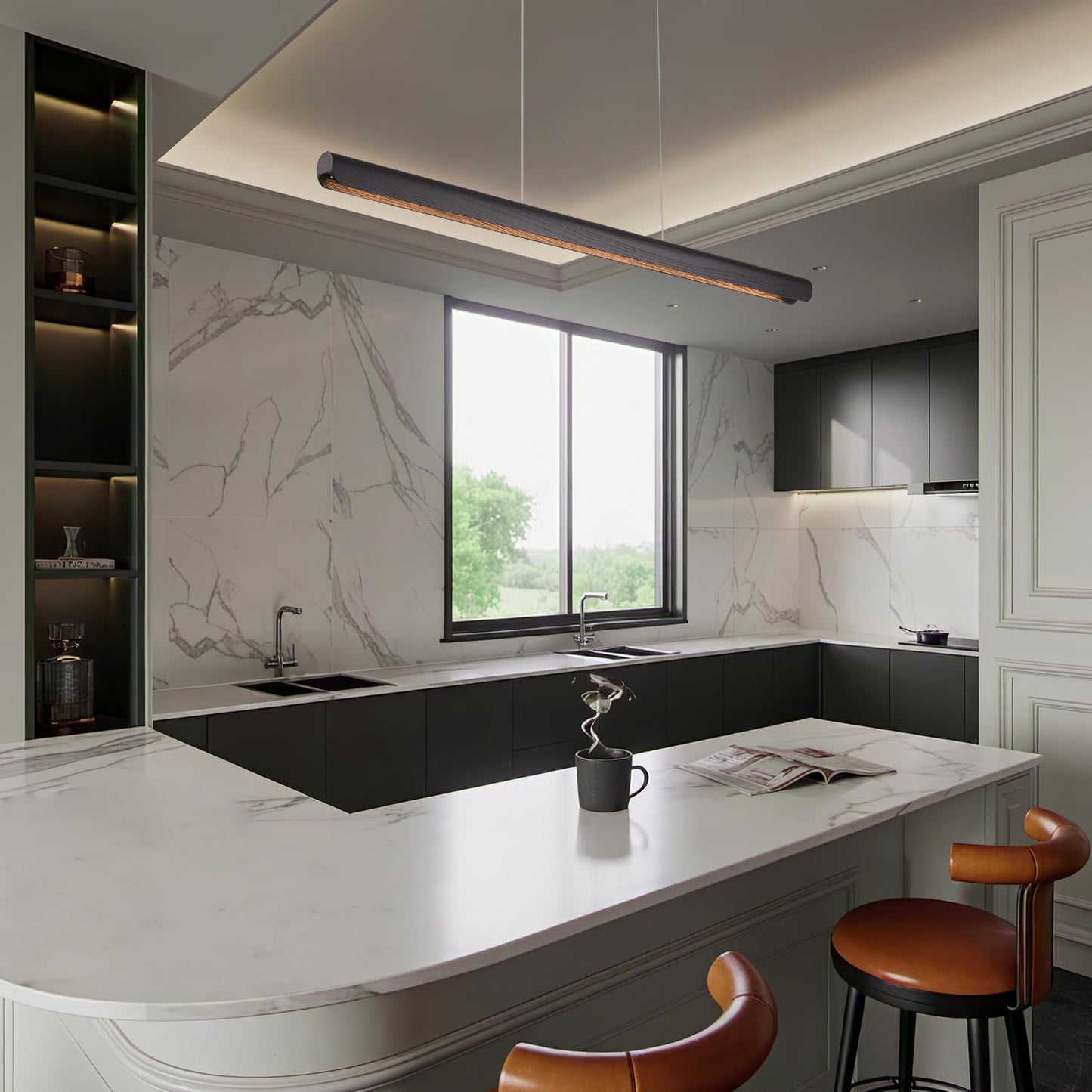 Yisdesign 39Inch Integrated Led Pendant Light 24W Dimmable Wood Linear Pendant Lighting Led Modern Island Light With Black Finish For Kitchen Island Dining Room Billiard & Pool Lights