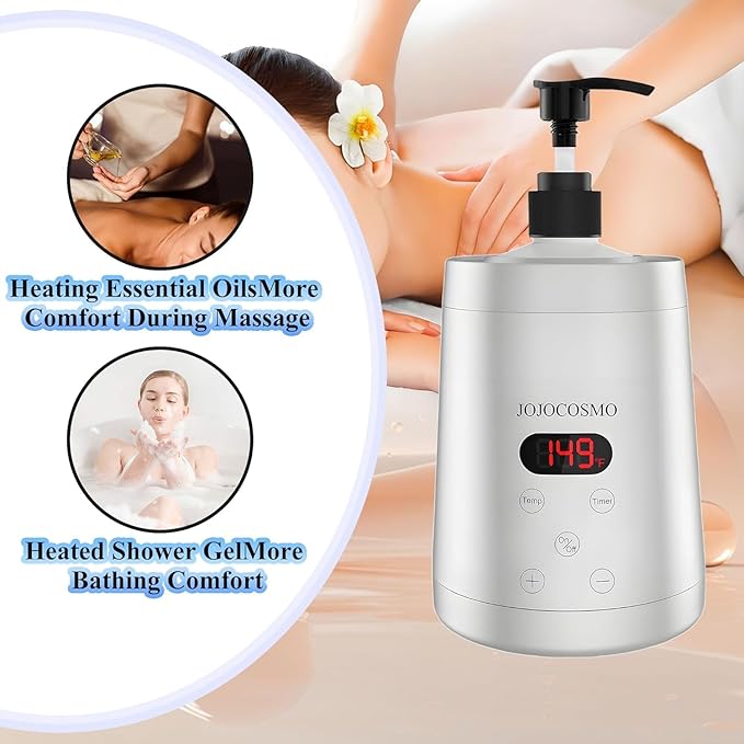 Massage Oil Warmer Heater with Two Bottles Dispenser, Digital Lotion Warmer, Oil Warmer Dispenser, Automatic Massage Oil Heater for SPA, Salon, Home (silver)